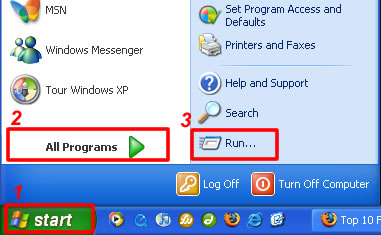 Open registry editor in Windows XP Step one
