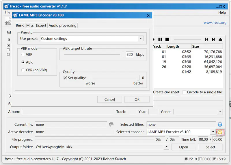 choose lame mp3 as the outout format in fre:ac
