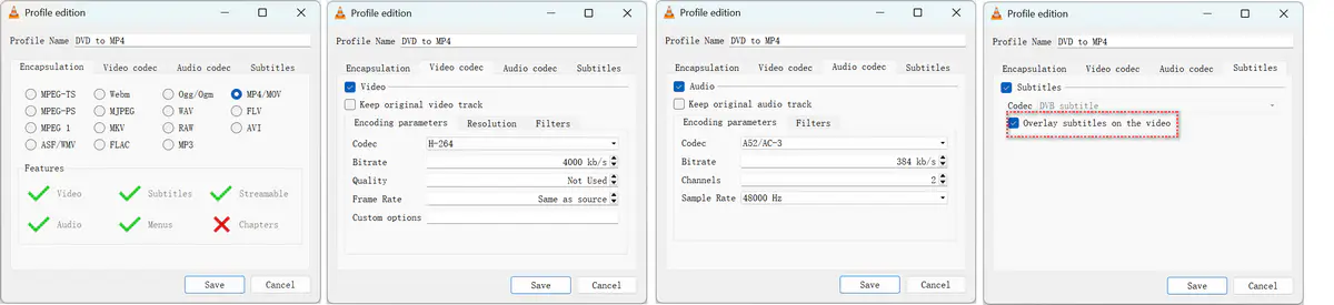 customize dvd to mp4 output profile on vlc