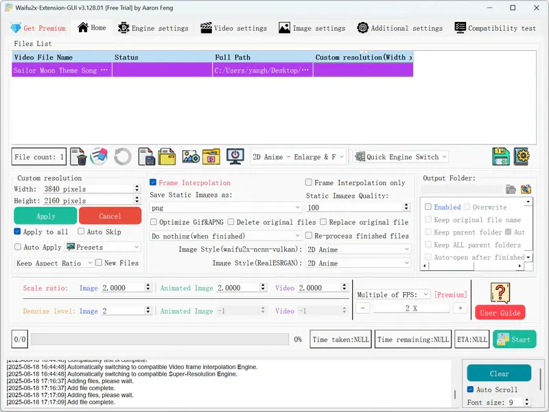 waifu2x extension gui settings presets